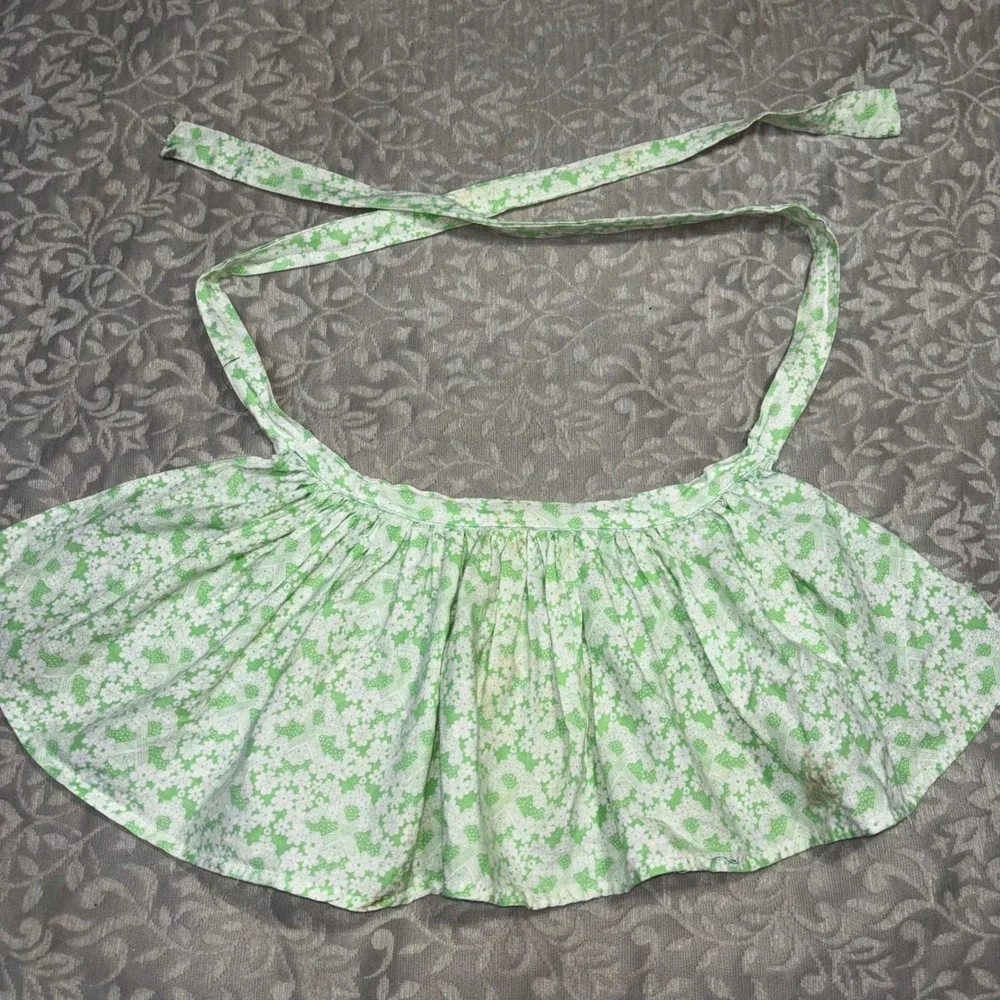 Vintage Green White Floral Calico Half Apron Cottagecore Retro Gathered Waist‎